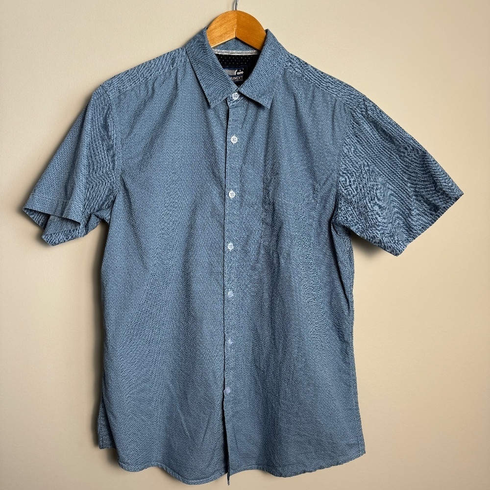 MONUMENT Men's Allover Geometric Short‎ Sleeve Button Up Cotton Shirt Blue Large